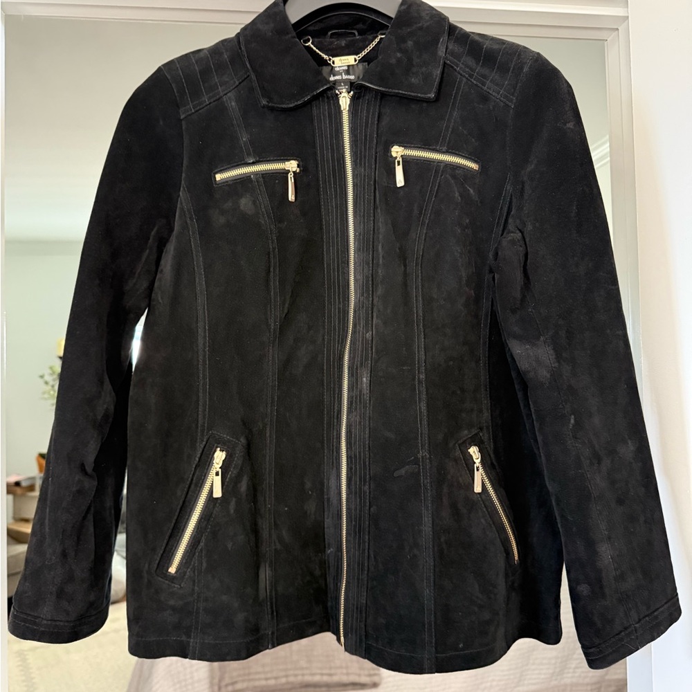 Dennis Basso Black Suede Leather Jacket with Zipper Accents